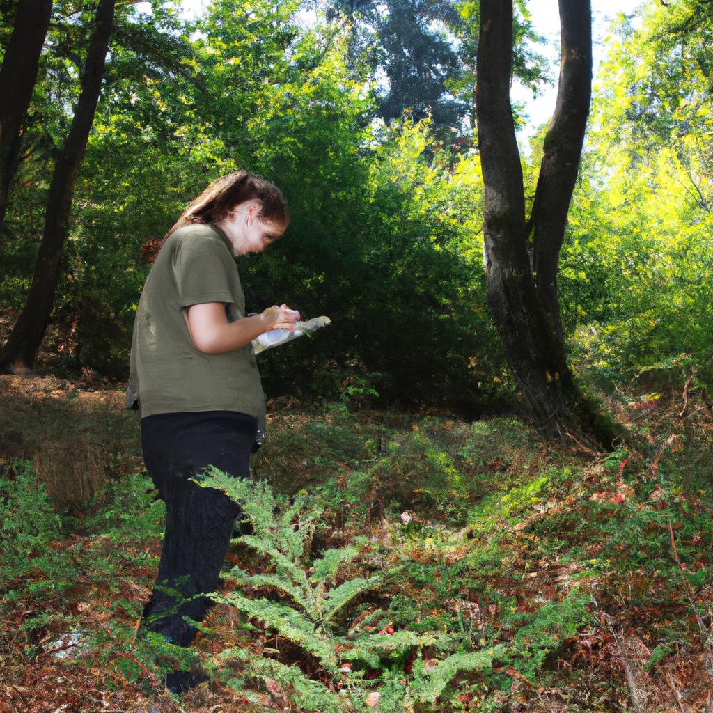 Person studying plants in forest